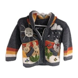 Kids Alpaca Sweater Hand Embroidered Hooded Zip Up Maybe 18/24M See Measurements